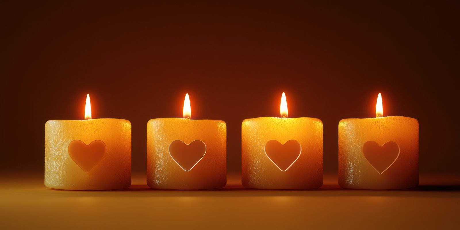 Four heart-shaped candles emitting a soft glow in a warm, serene atmosphere during nighttime